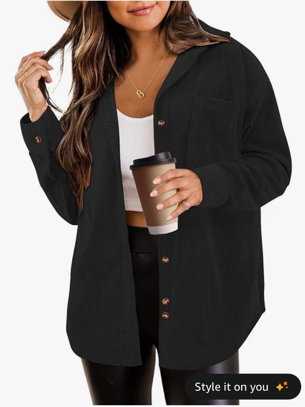Oversized Button-Front Corduroy Boyfriend Shirt Jacket Size M